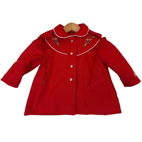 London Fog Other - Vtg LONDON FOG‎ Red Quilted Coat Jacket Floral Embroidery Detachable Hood Size 2